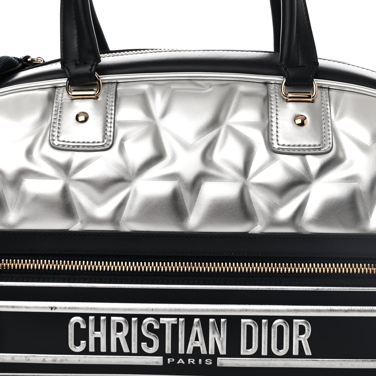 Christian Dior Padded Etoile Calfskin Embossed Medium Dior Vibe Zip Bowling Bag Silver Black 7 of 17