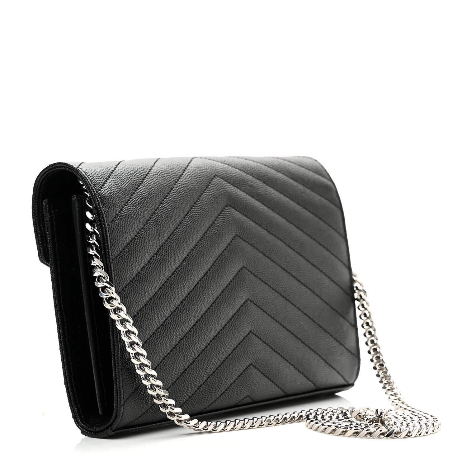 Saint Laurent Grain De Poudre Matelasse Chevron Monogram Chain Wallet Black 3 of 9