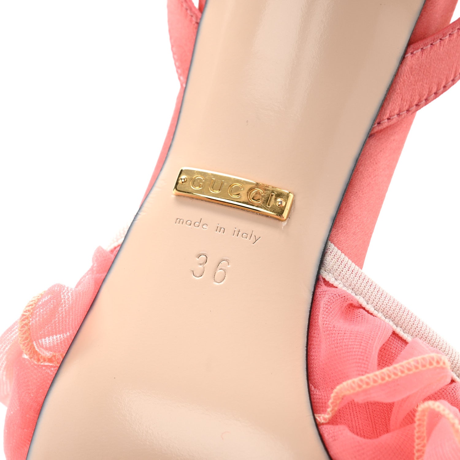Gucci Tulle Ruffle Mid Heel Slingback Sandals 36 Peach White 7 of 12