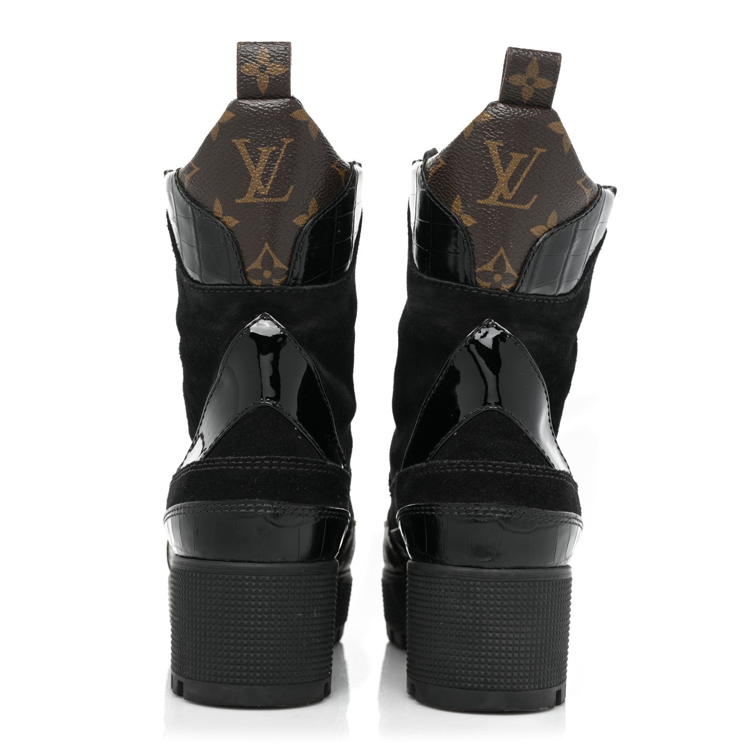 Louis Vuitton Suede Calfskin Crocodile Embossed Patent Monogram Laureate Platform Desert Boots 37 Black 5 of 14