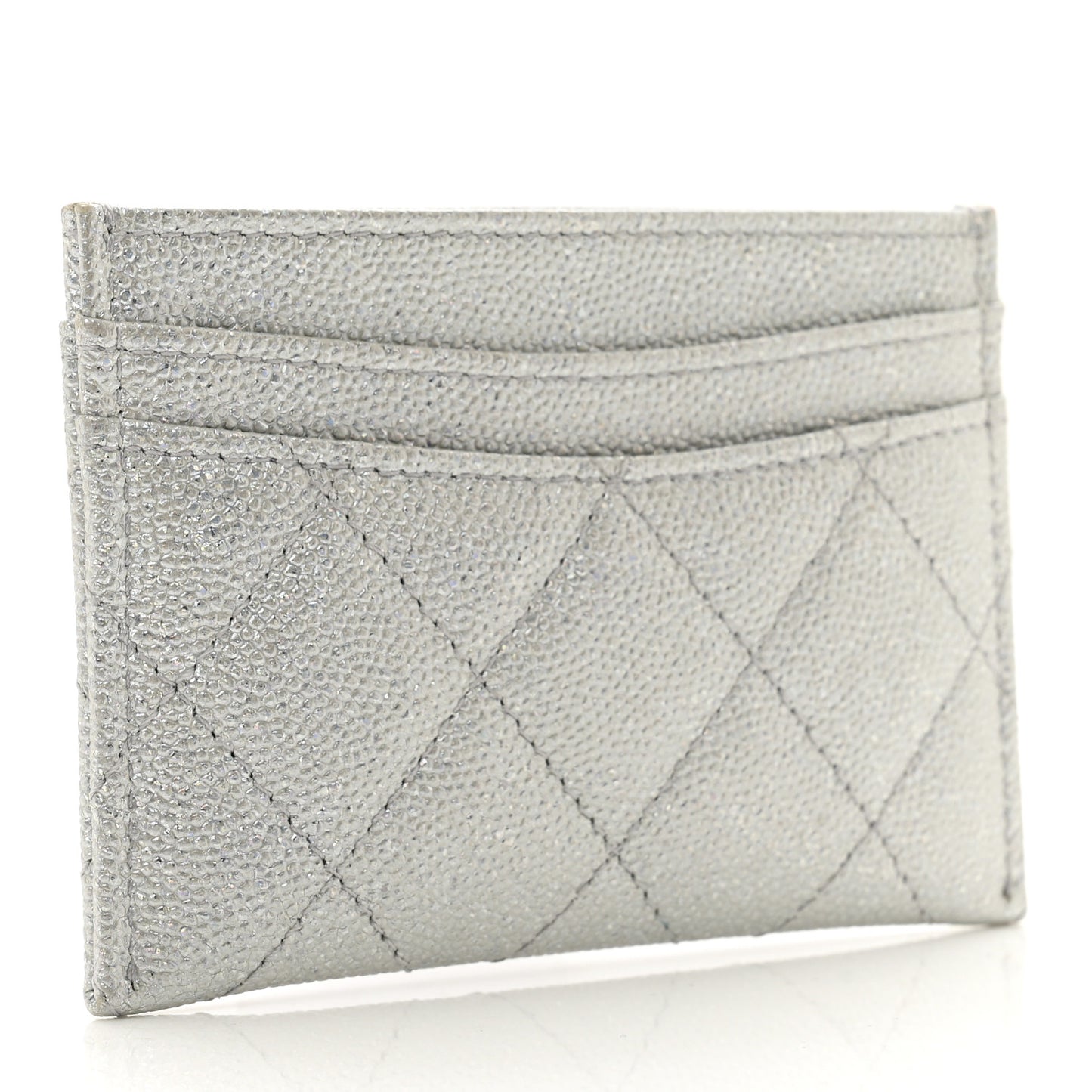 Glittered Metallic Caviar Quilted Card Holder Silver