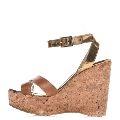 Jimmy Choo Metallic Calfskin Papyrus Cork Wedge Sandals 37.5 Gold 1 of 10