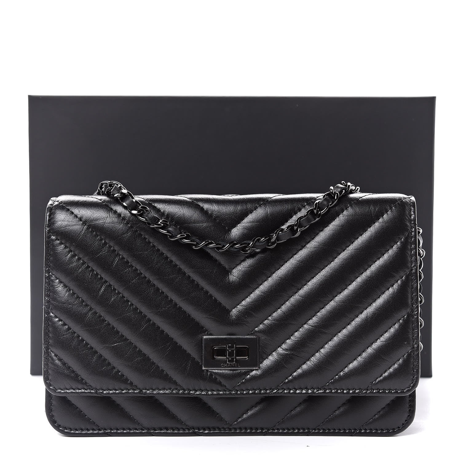 Chanel Aged Calfskin Chevron Quilted Reissue Wallet On Chain WOC So Black 12 of 12
