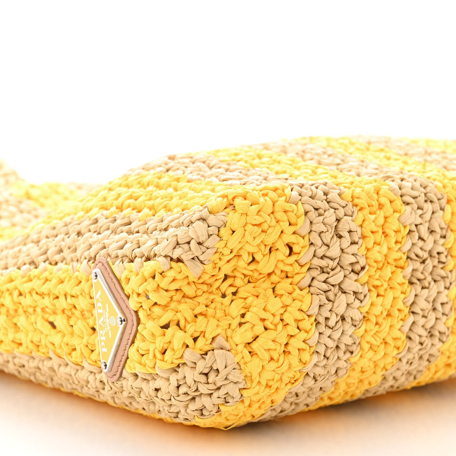 Prada Yarn Raffia Effect Crochet Striped Small Logo Tote Naturale Giallo 8 of 9
