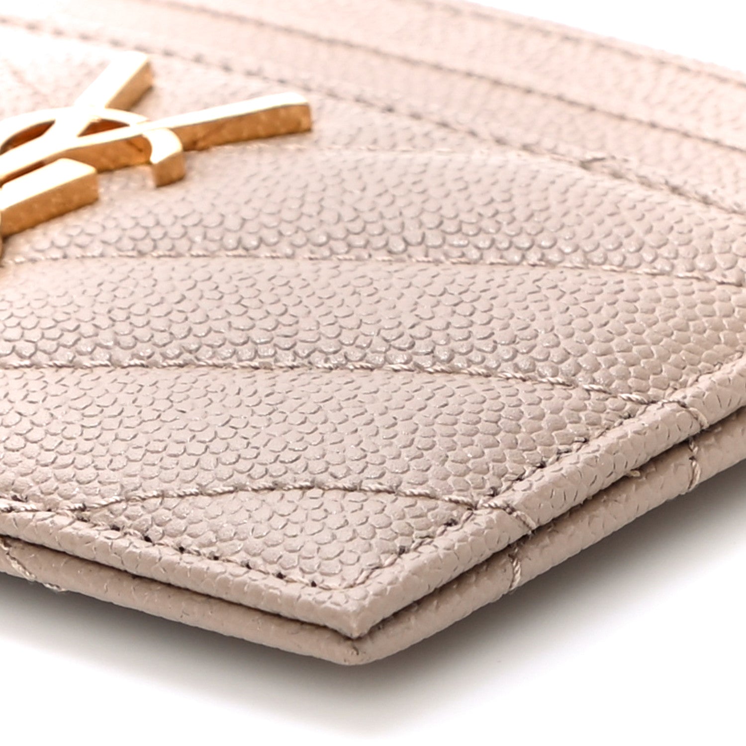 Saint Laurent Grain De Poudre Matelasse Chevron Monogram Credit Card Case Dark Beige 10 of 10