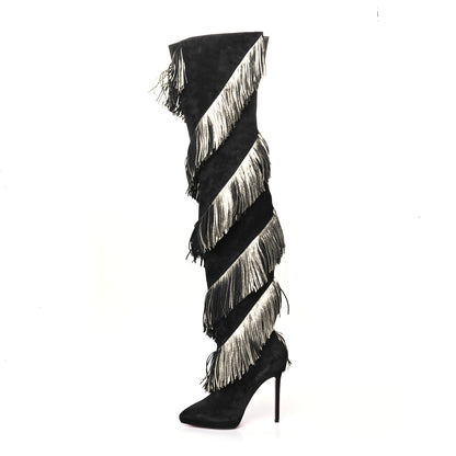 Christian Louboutin Veau Velours Lame Tweed Bolcheva 120 Thigh High Boots 38 Black Platine 1 of 6