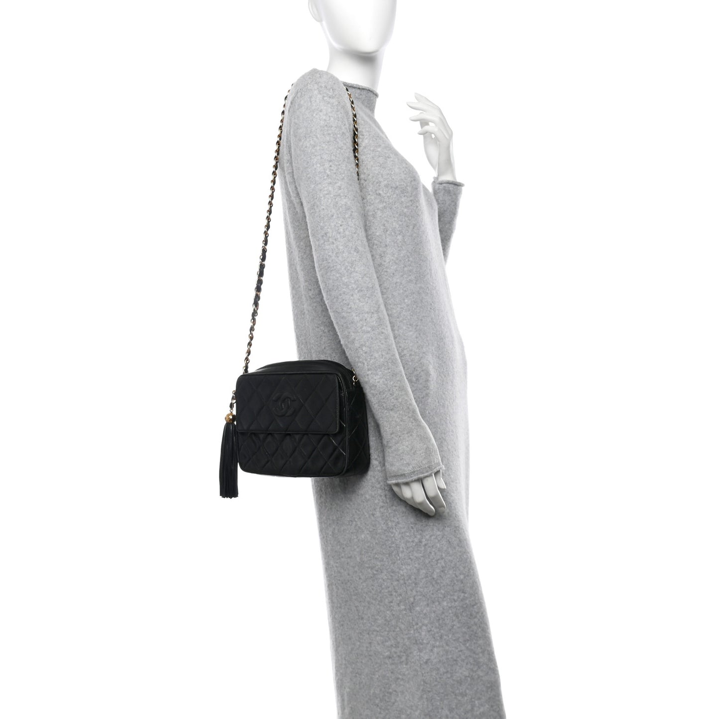 Lambskin Quilted CC Tassel Camera Case Black