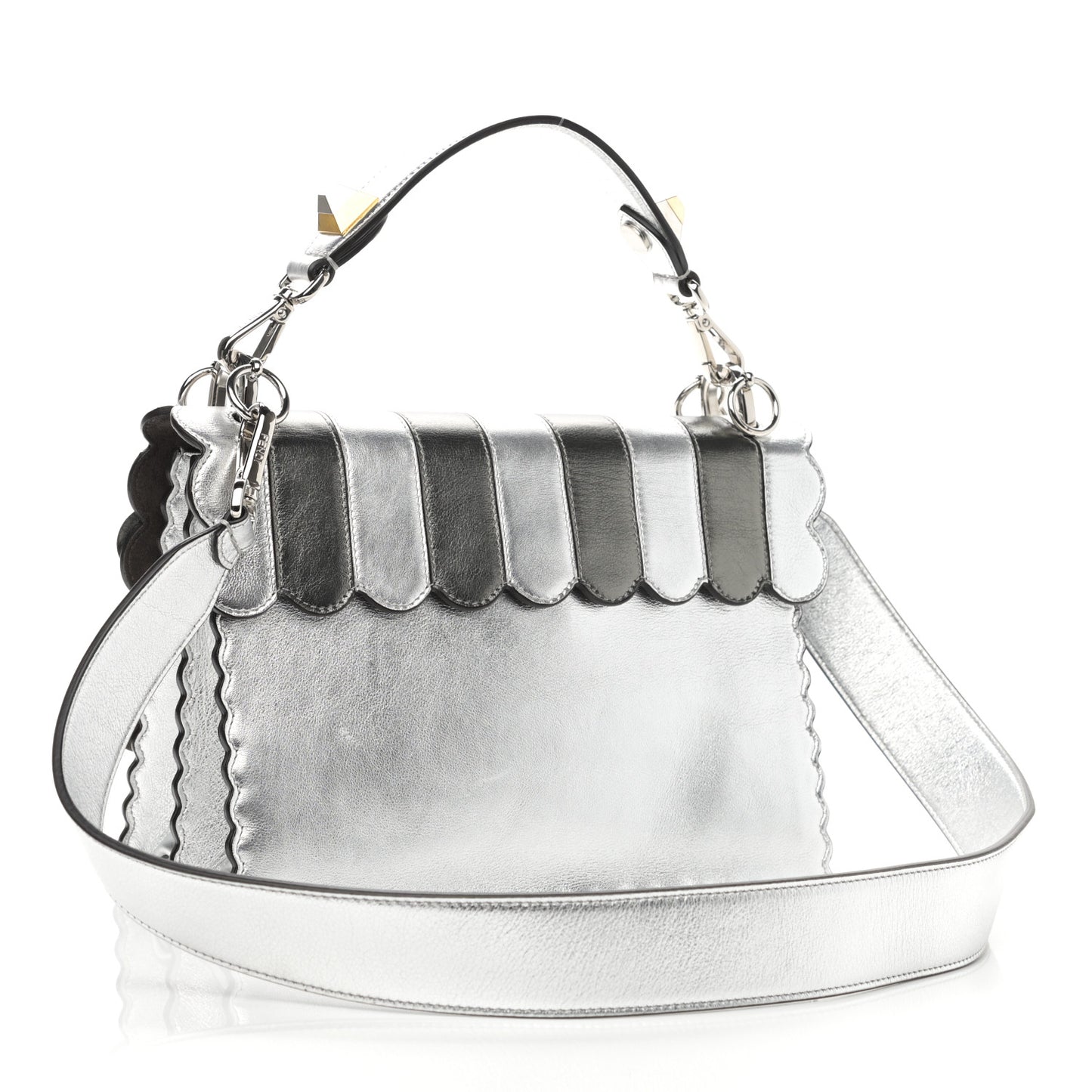 Metallic Calfskin Flowerland Scalloped Studded Pequin Kan I Shoulder Bag Argento