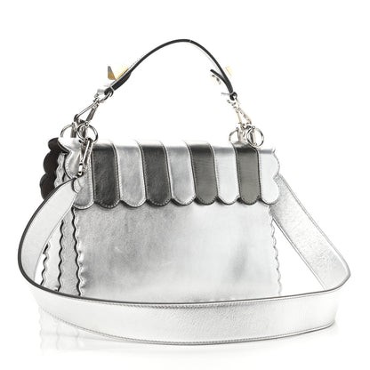 Fendi Metallic Calfskin Flowerland Scalloped Studded Pequin Kan I Shoulder Bag Argento 3 of 12