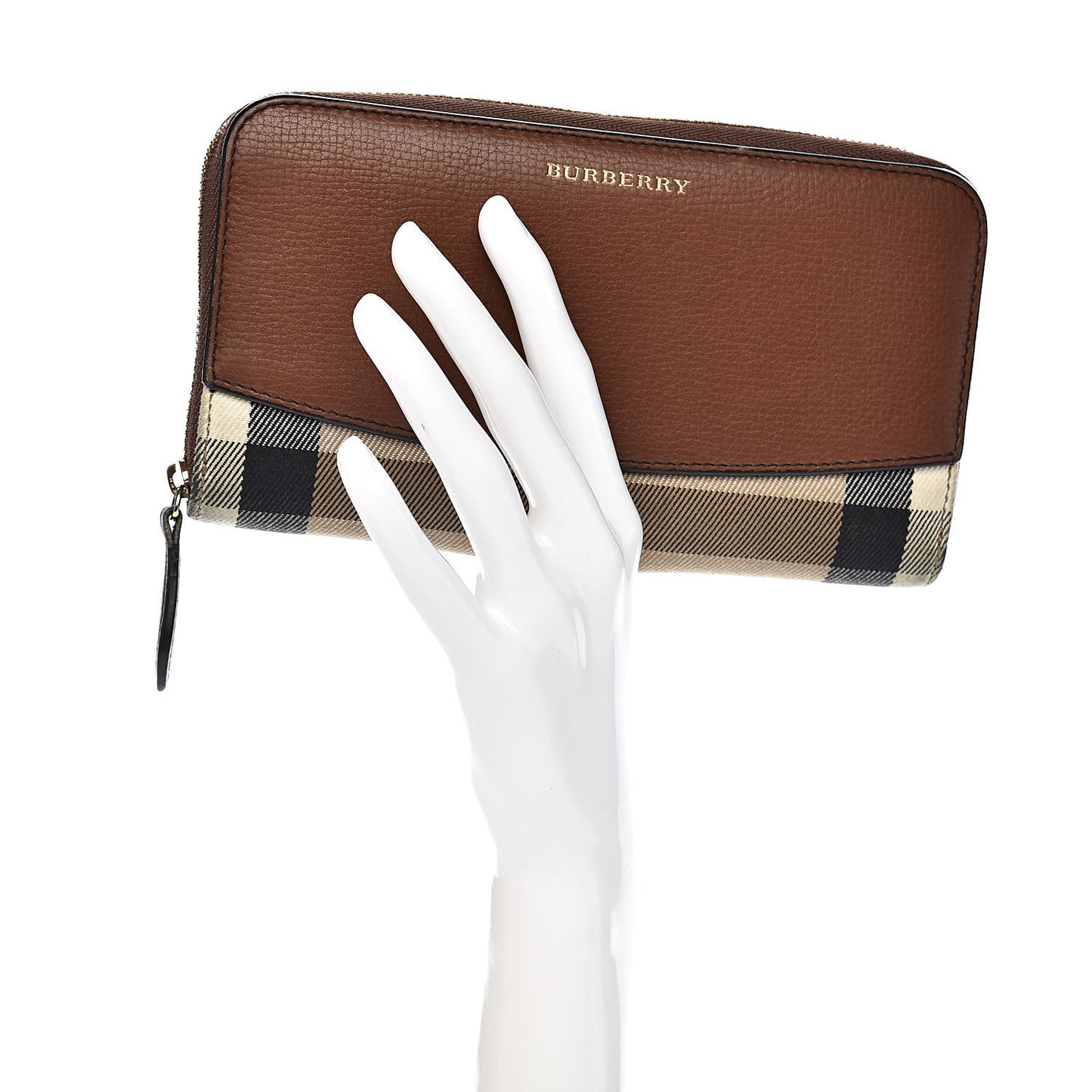 Calfskin House Check Elmore Zip Around Wallet Tan