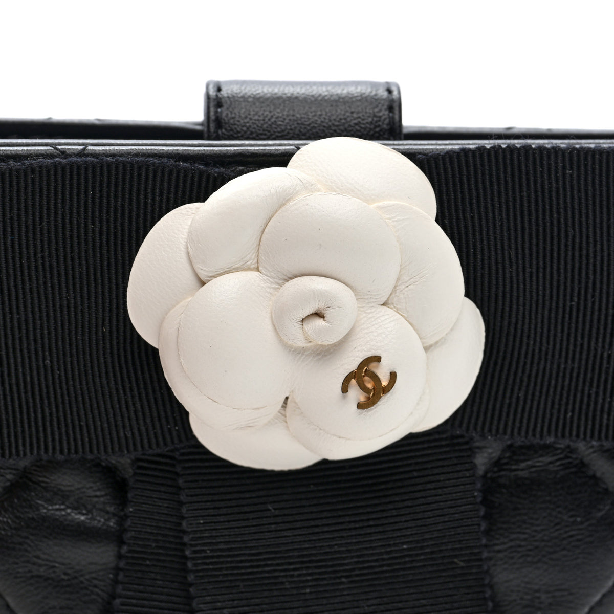 Lambskin Quilted Round Camellia Mini Clutch Black