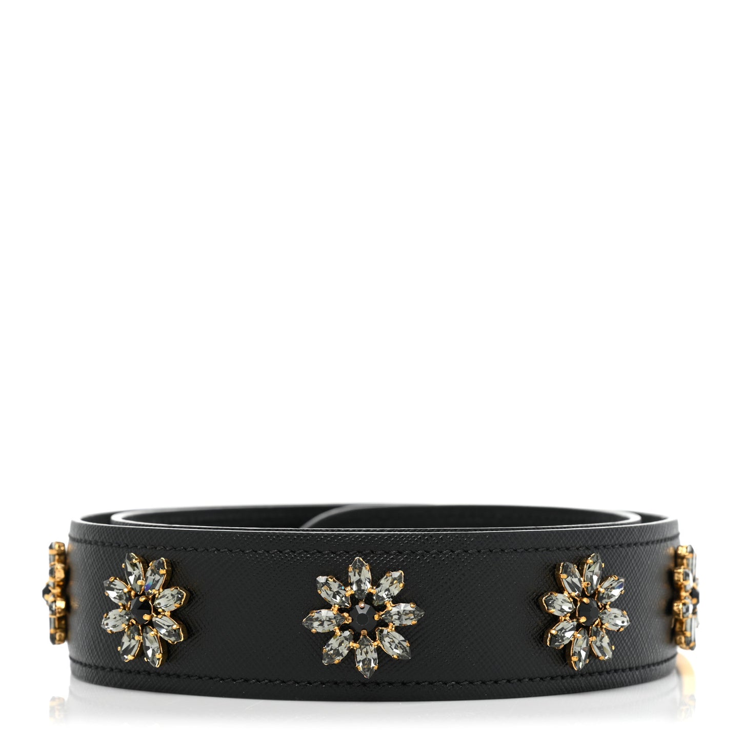 Saffiano Crystal Flower Shoulder Strap Black