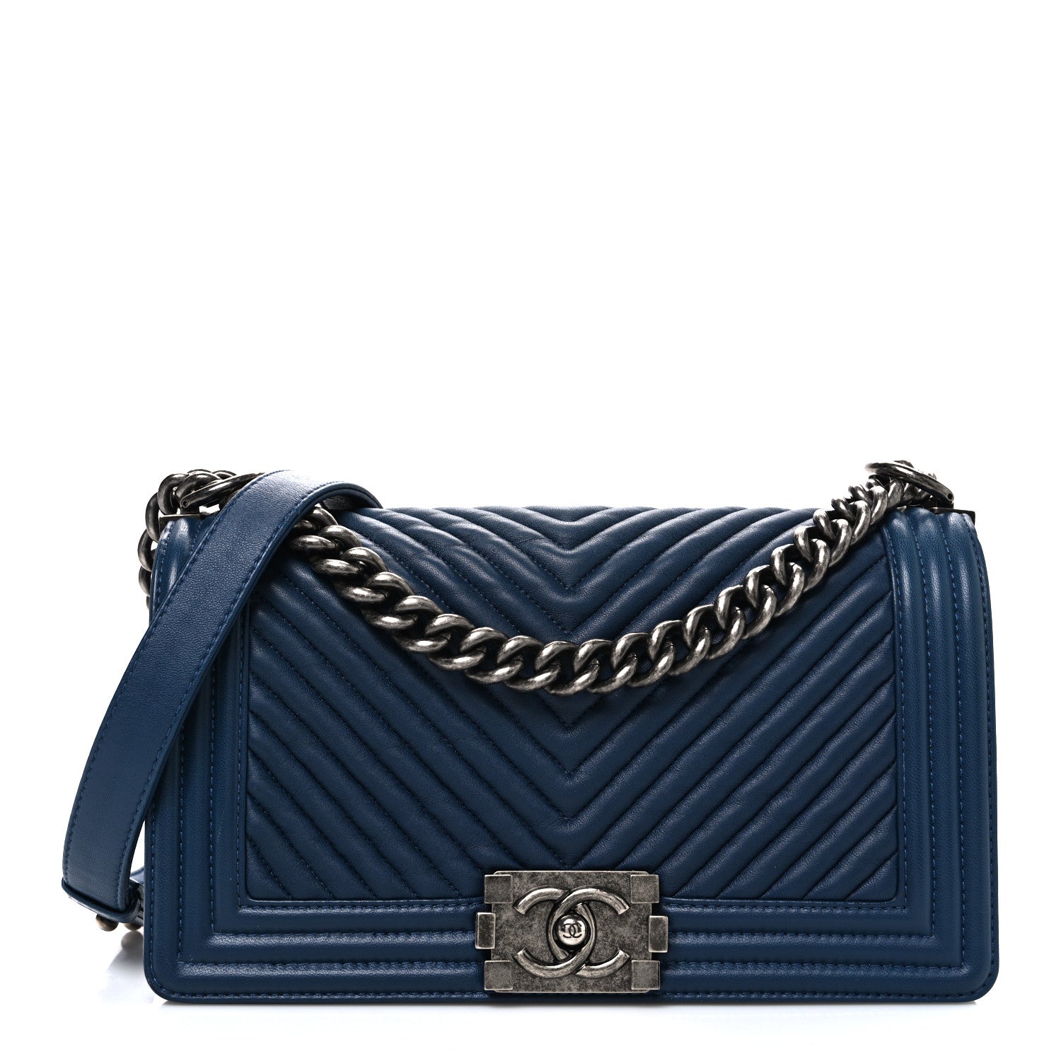 Chanel Calfskin Chevron Quilted Medium Boy Flap Dark Navy Blue 1 of 10