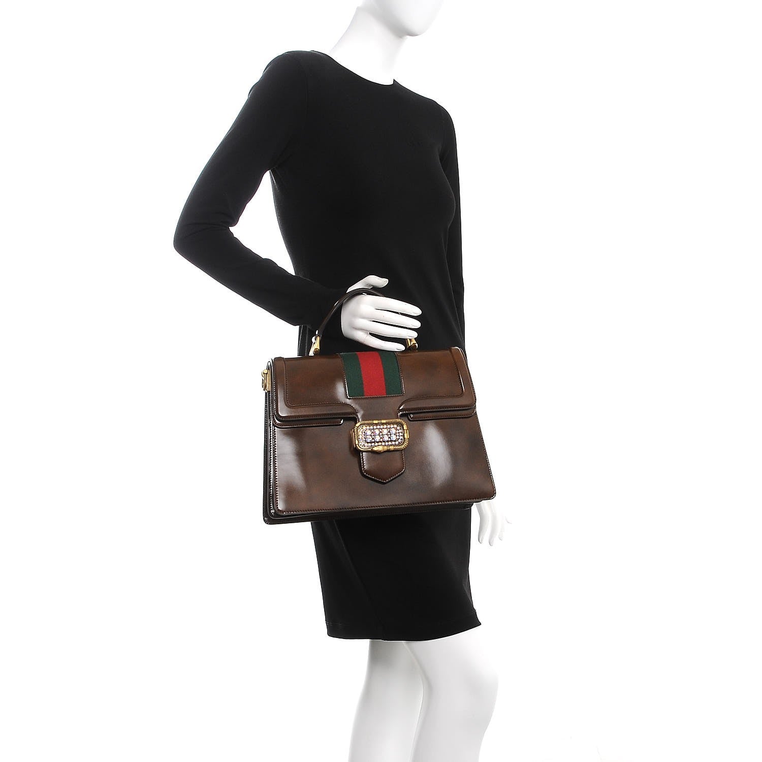 Gucci Shiny Calfskin Web Crystal Medium Top Handle Bag Brown 3 of 11