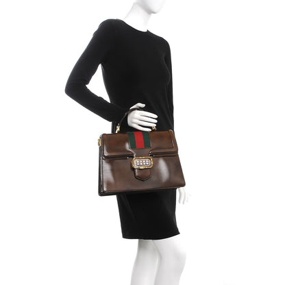 Gucci Shiny Calfskin Web Crystal Medium Top Handle Bag Brown 3 of 11