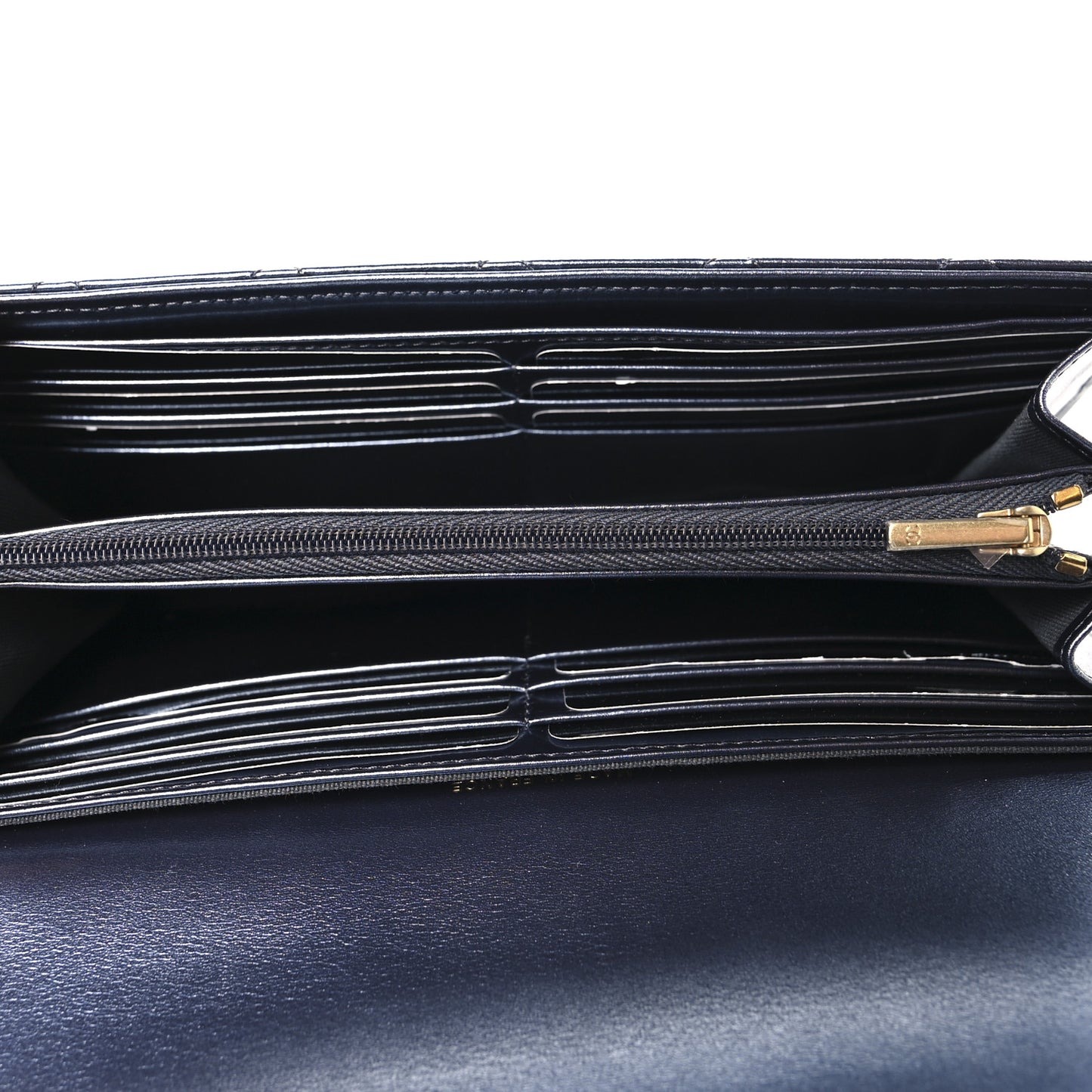 Metallic Lambskin Quilted Large Gusset Flap Wallet Dark Blue