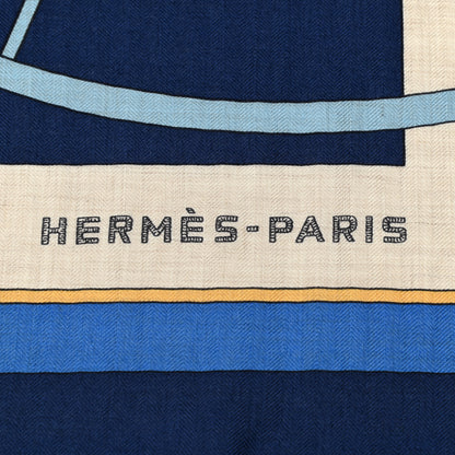 Hermes Cashmere Silk Coup De Gala Shawl 140 Marine Naturel Ciel 2 of 5