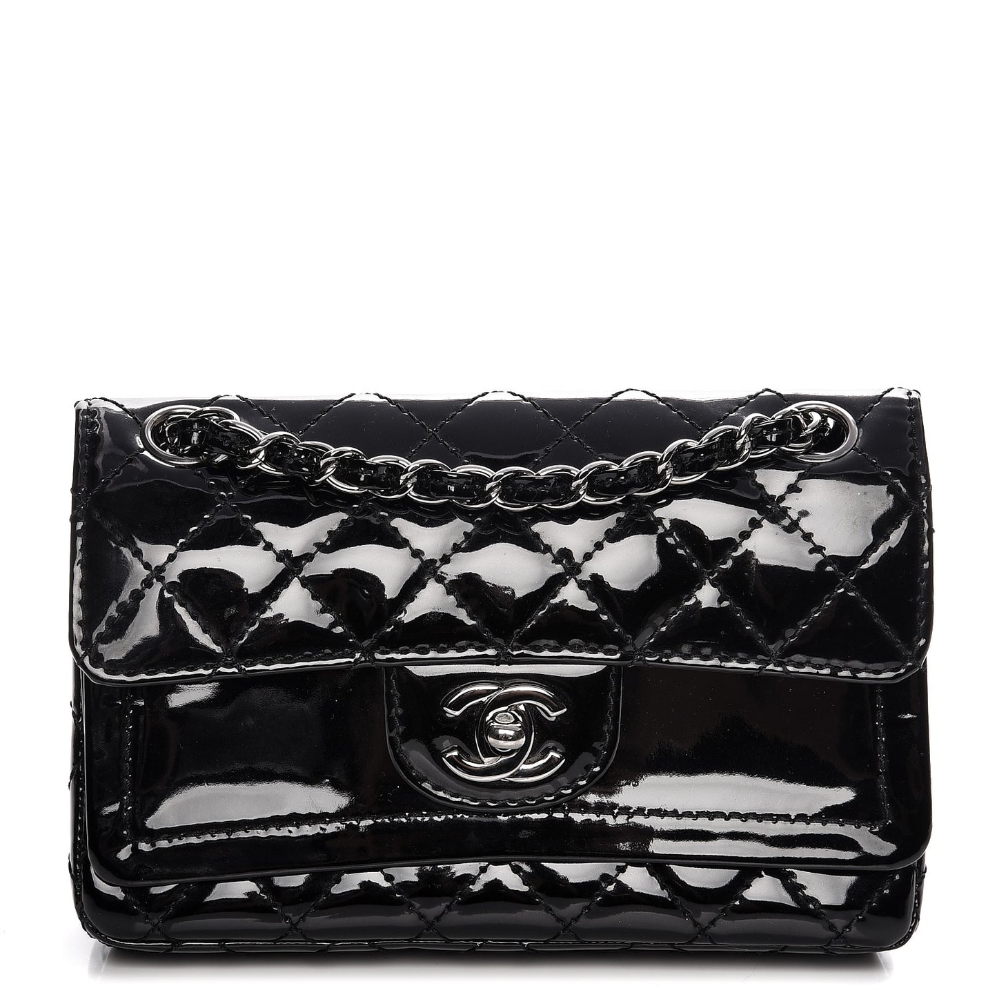 Patent Calfskin Quilted Mini Rectangular Double Flap Black