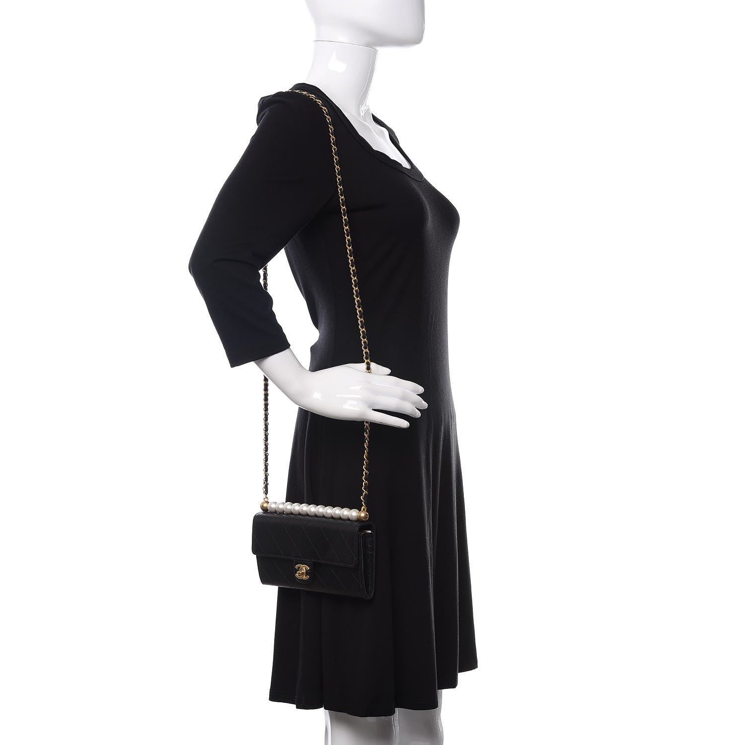 Chanel Goatskin Quilted Chic Pearls Clutch With Chain Black 2 of 12