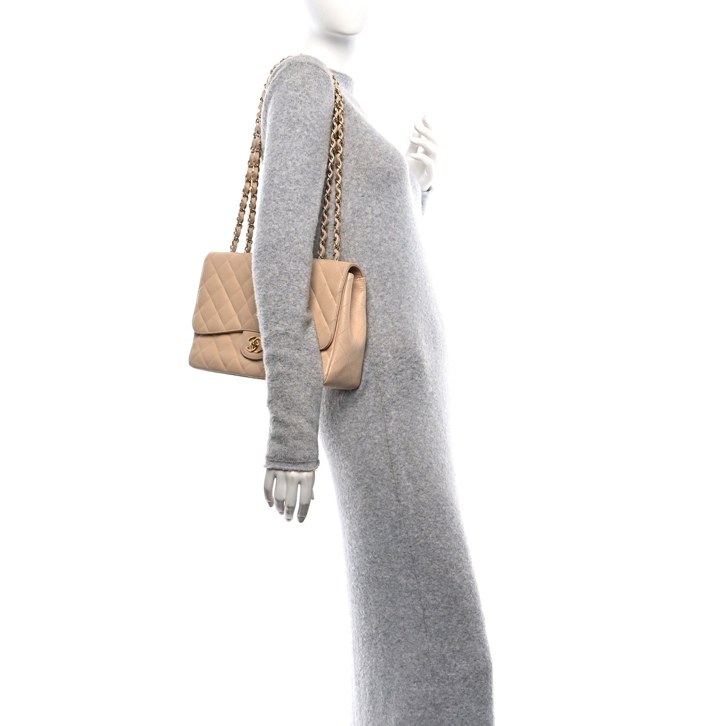 Caviar Quilted Jumbo Single Flap Beige Clair