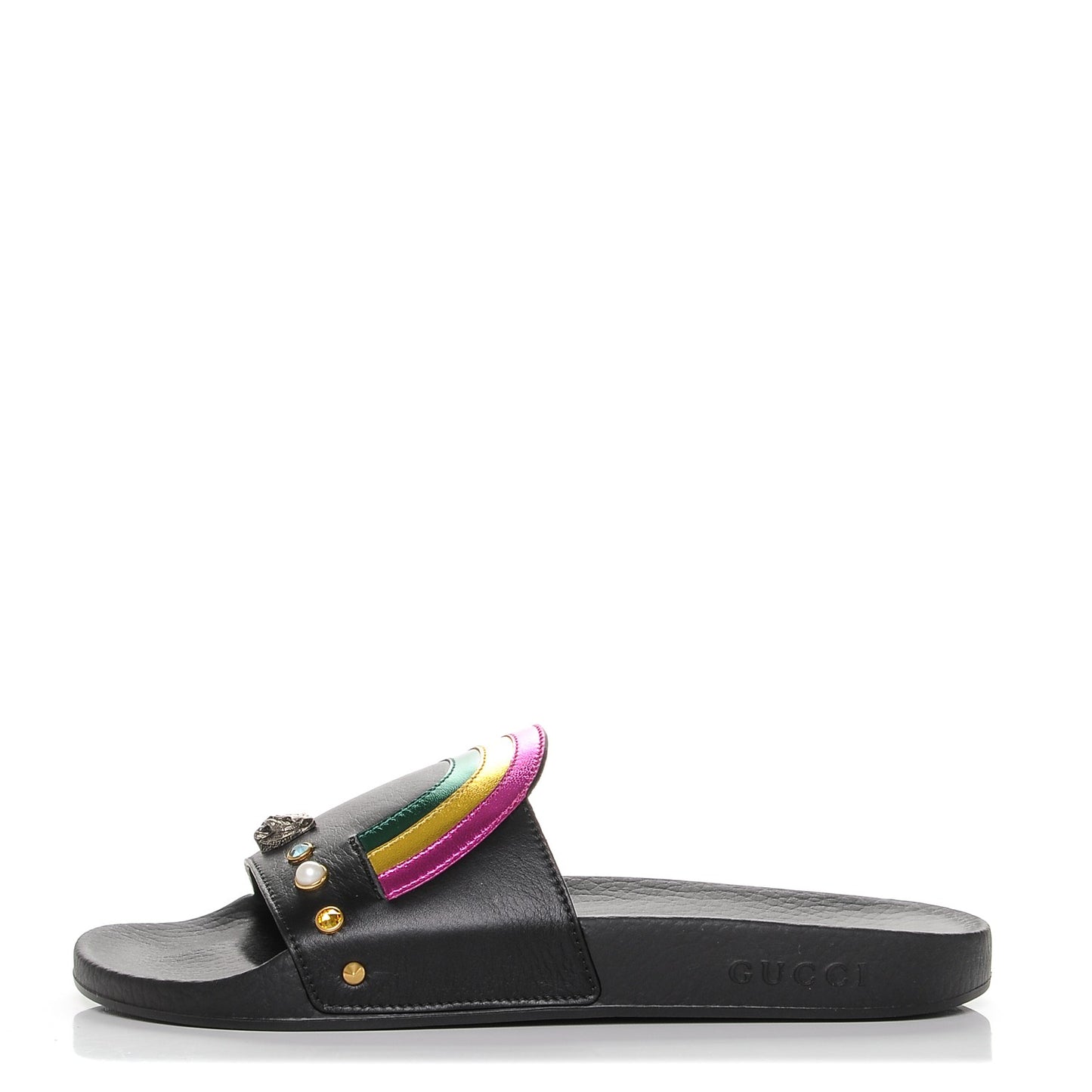 Calfskin Rainbow Heart Pursuit Slide Sandals 40 Black