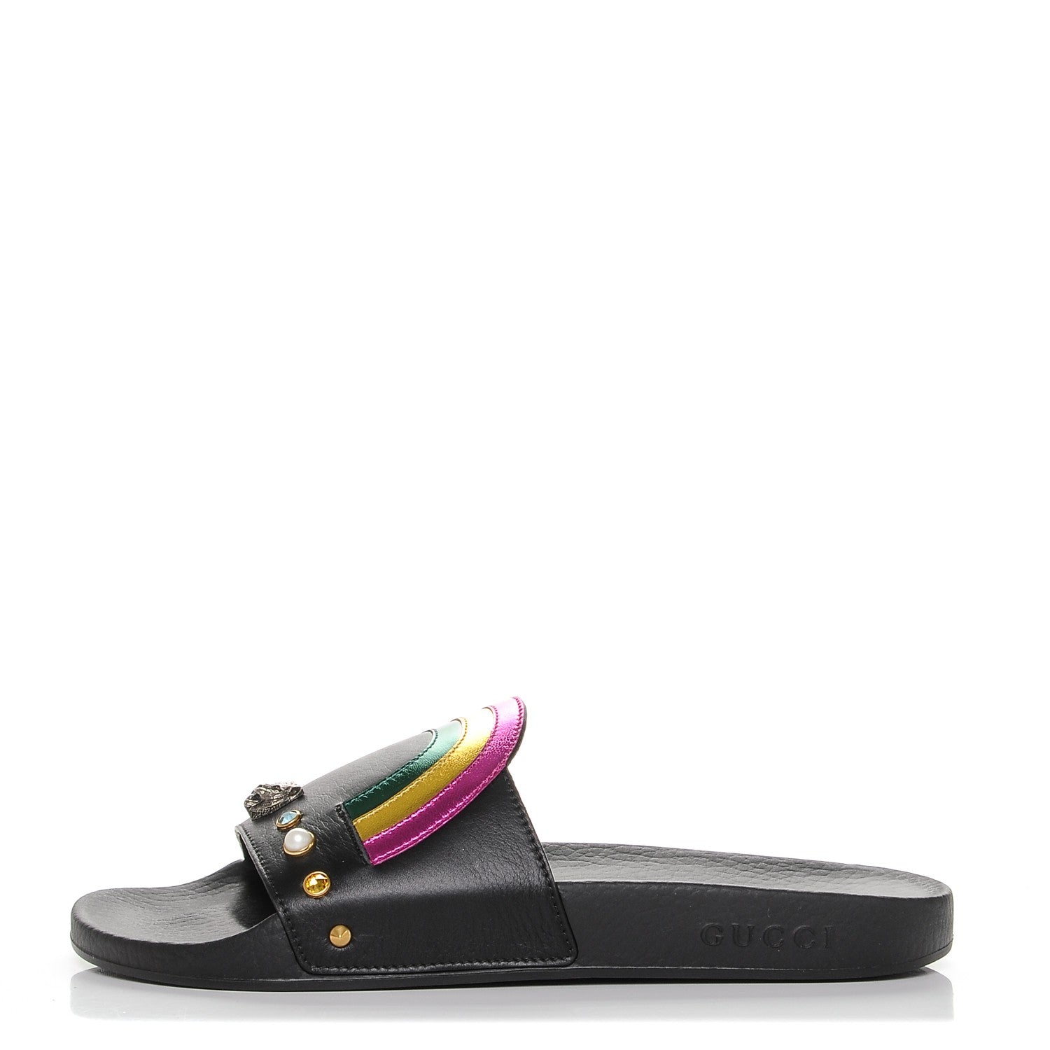 Gucci Calfskin Rainbow Heart Pursuit Slide Sandals 40 Black 1 of 7