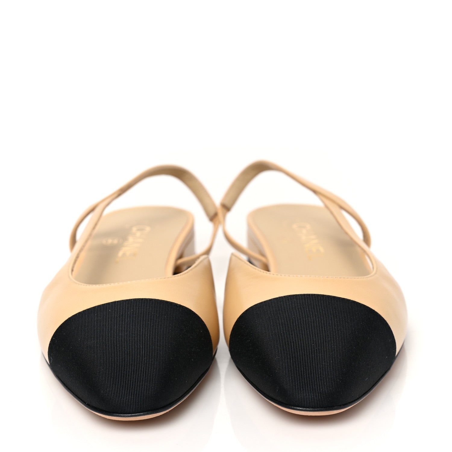 Chanel Goatskin Grosgrain Cap Toe CC Slingback Pumps 39.5 Beige Black 2 of 8