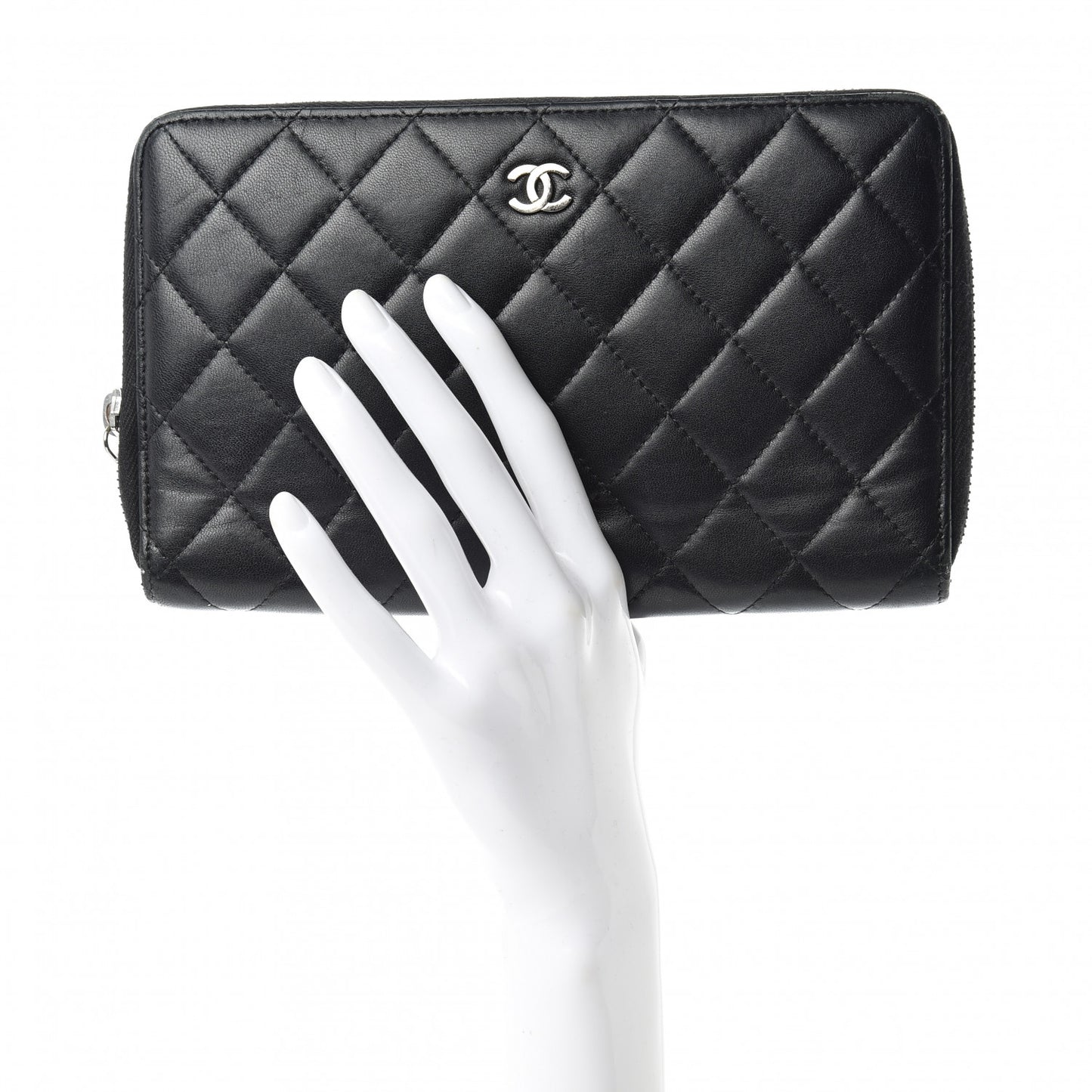 Lambskin Quilted Large Zip Around Organizer Wallet Black