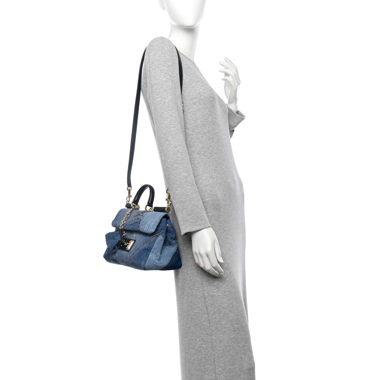 Dolce & Gabbana Calfskin Denim Patchwork Mini Miss Sicily Satchel Blue 2 of 9