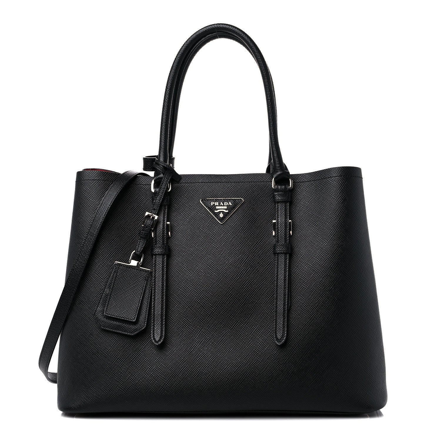 Prada Saffiano Cuir Medium Double Handle Tote Black Fuoco 1 of 13
