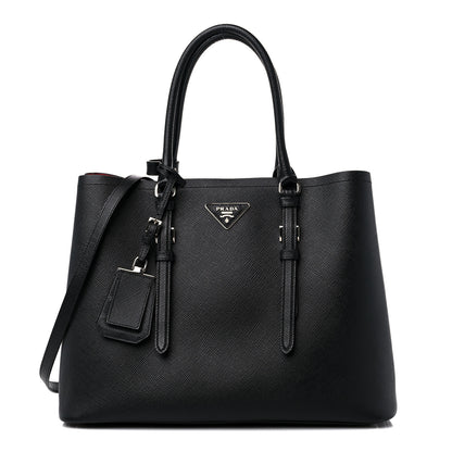 Prada Saffiano Cuir Medium Double Handle Tote Black Fuoco 1 of 13
