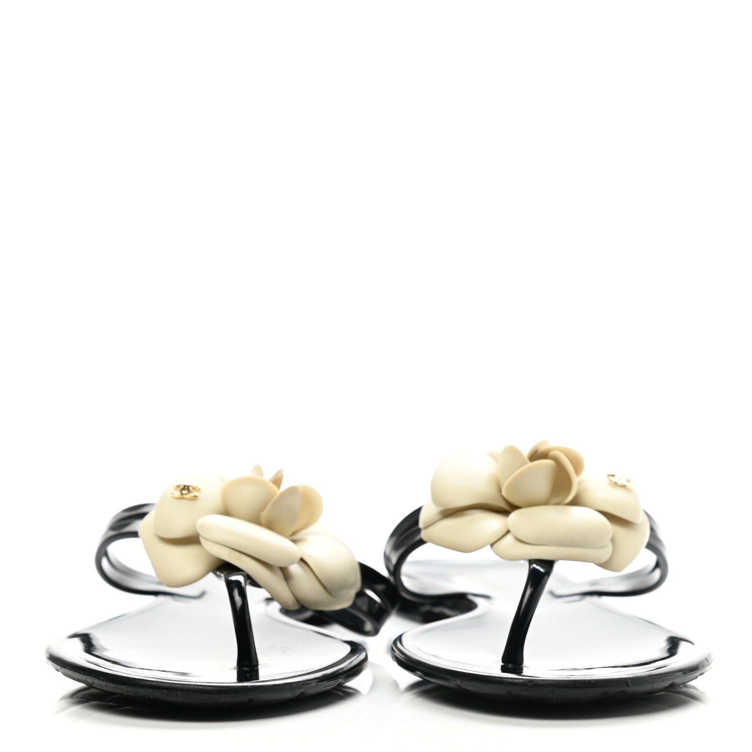 Chanel Jelly Camellia Thong Sandals 37 Black Ivory 2 of 9