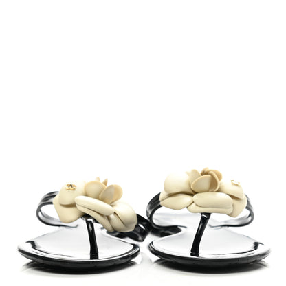 Chanel Jelly Camellia Thong Sandals 37 Black Ivory 2 of 9