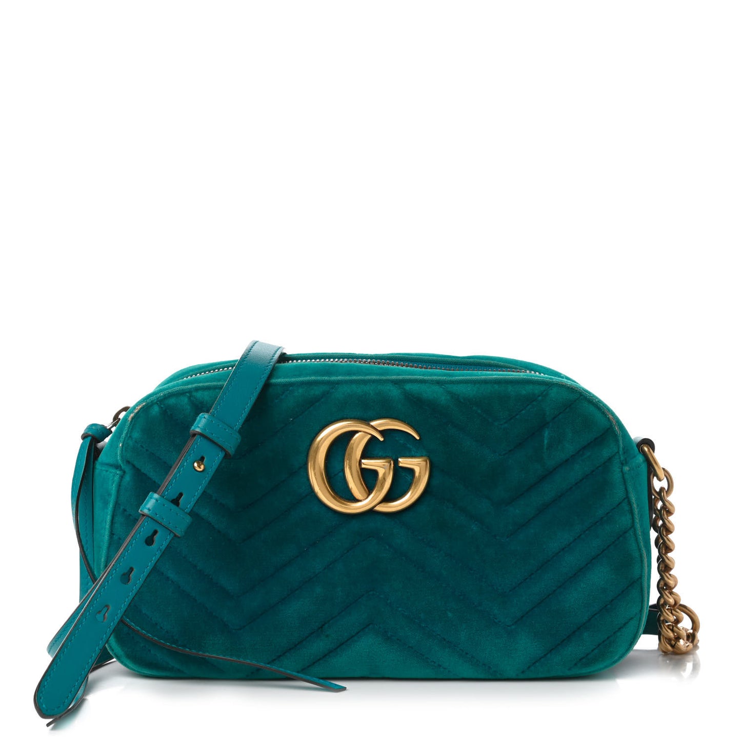Velvet Matelasse Small GG Marmont Chain Shoulder Bag Pavone Cyan