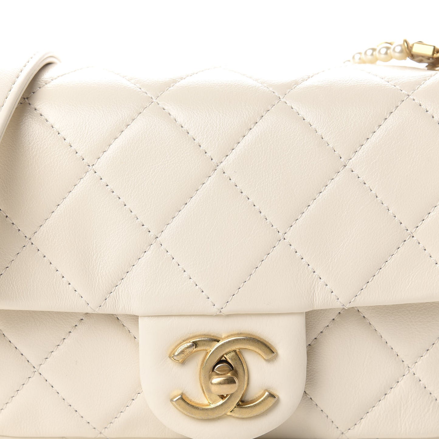 Calfskin Quilted Crystal Pearls Small Flap Bag White