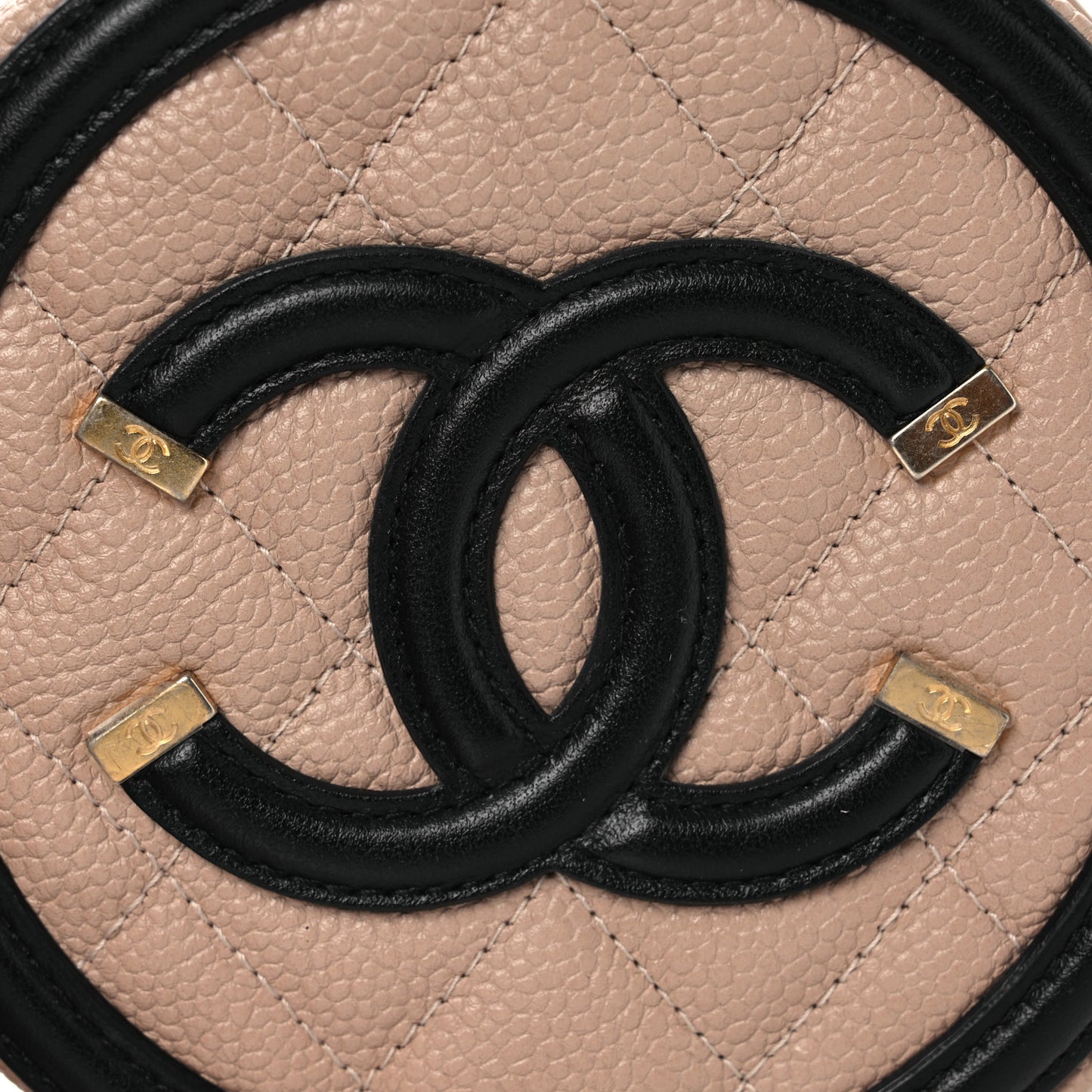 Caviar Quilted Round Filigree Crossbody Beige Black