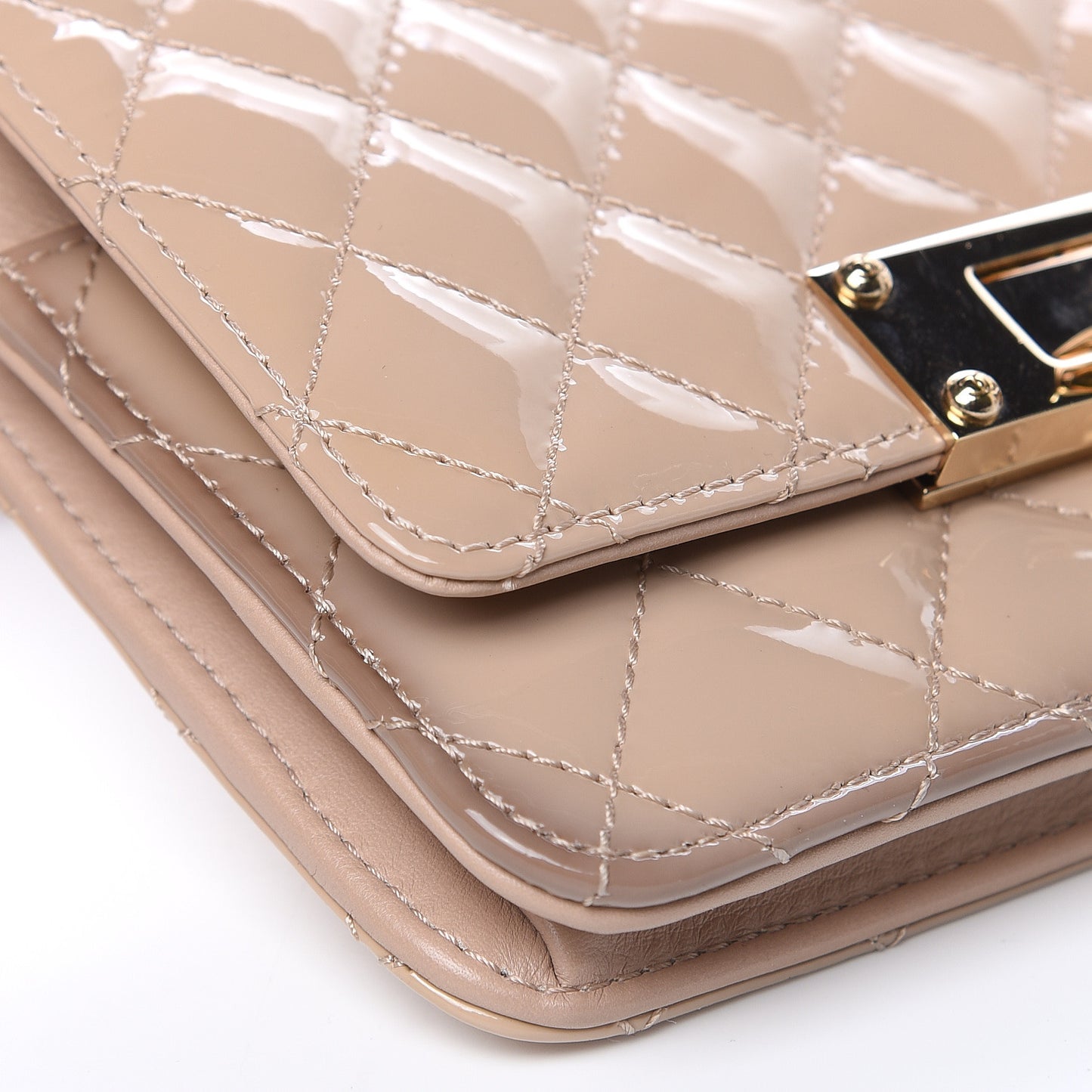 Patent Quilted Golden Class Clutch With Chain Light Beige