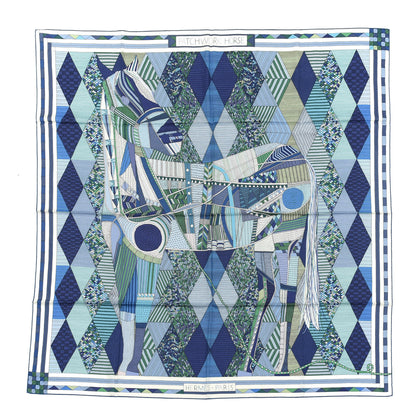 Hermes Cashmere Silk Patchwork Horse Shawl 140 Turquoise Vert Bleu 1 of 4