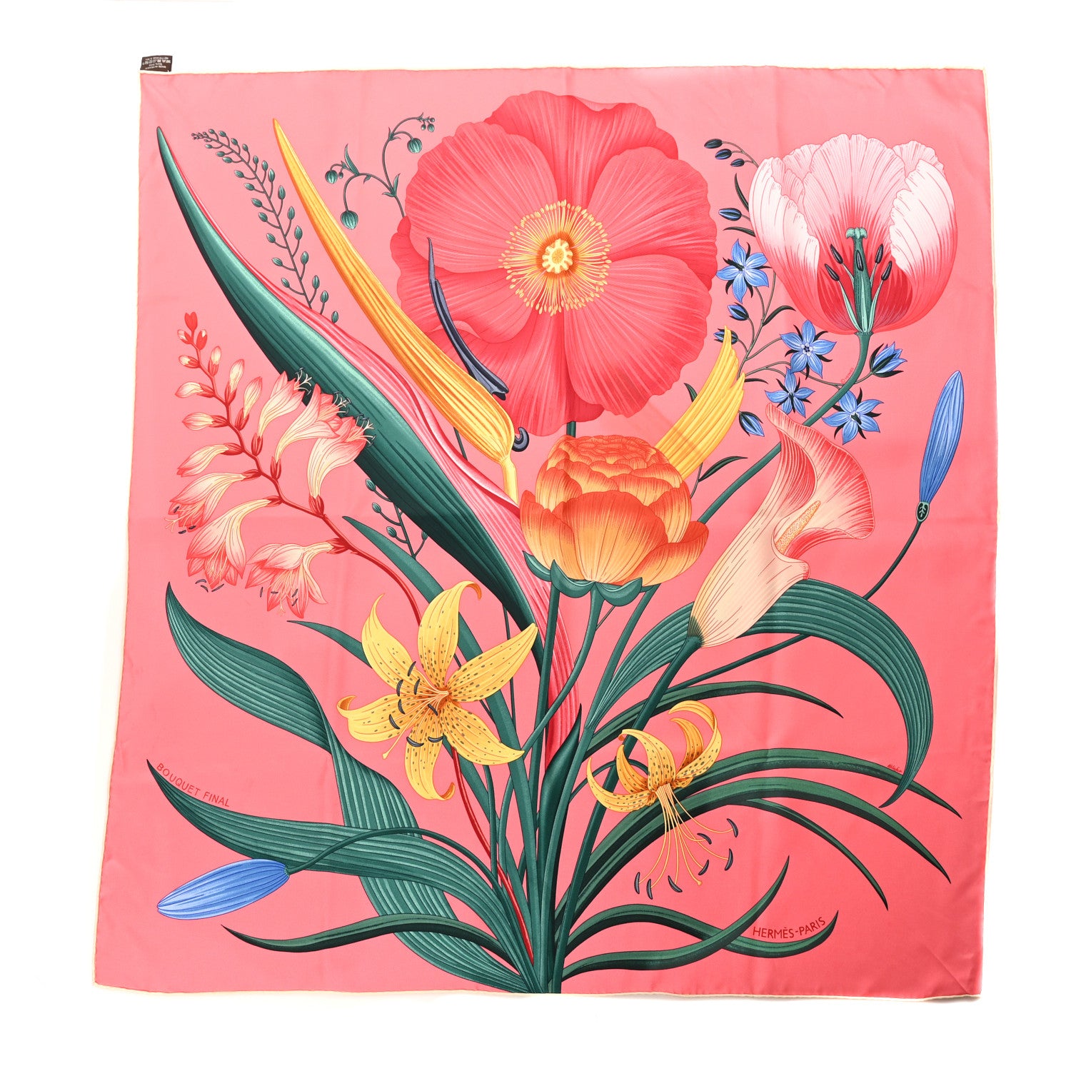 Hermes Silk Bouquet Final Scarf 90 Rose Vif Vert Cypres Jaune