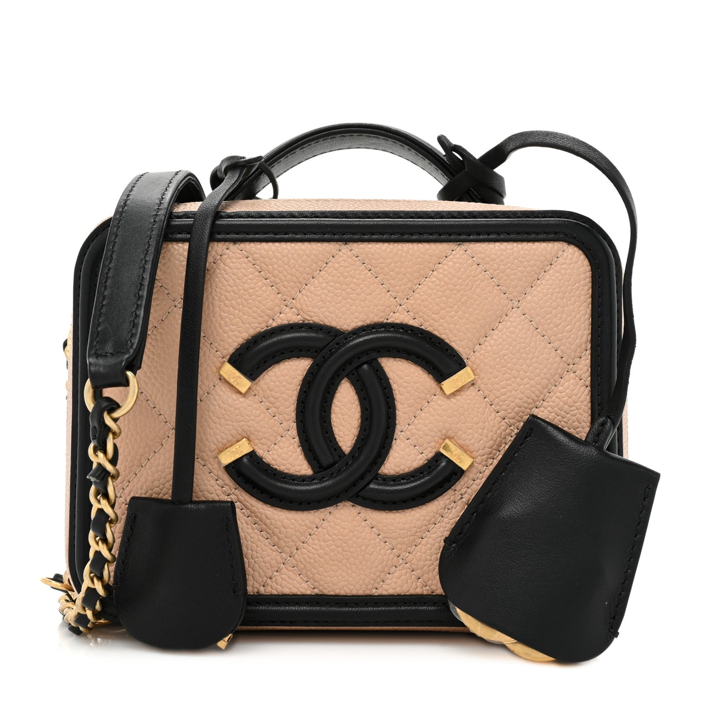 Caviar Quilted Small CC Filigree Vanity Case Beige Black