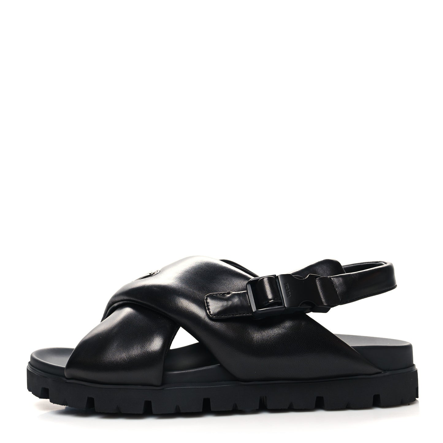 Nappa Soft Metal Triangle Logo Padded Monolith 55mm Slingback Sandals 9 Black
