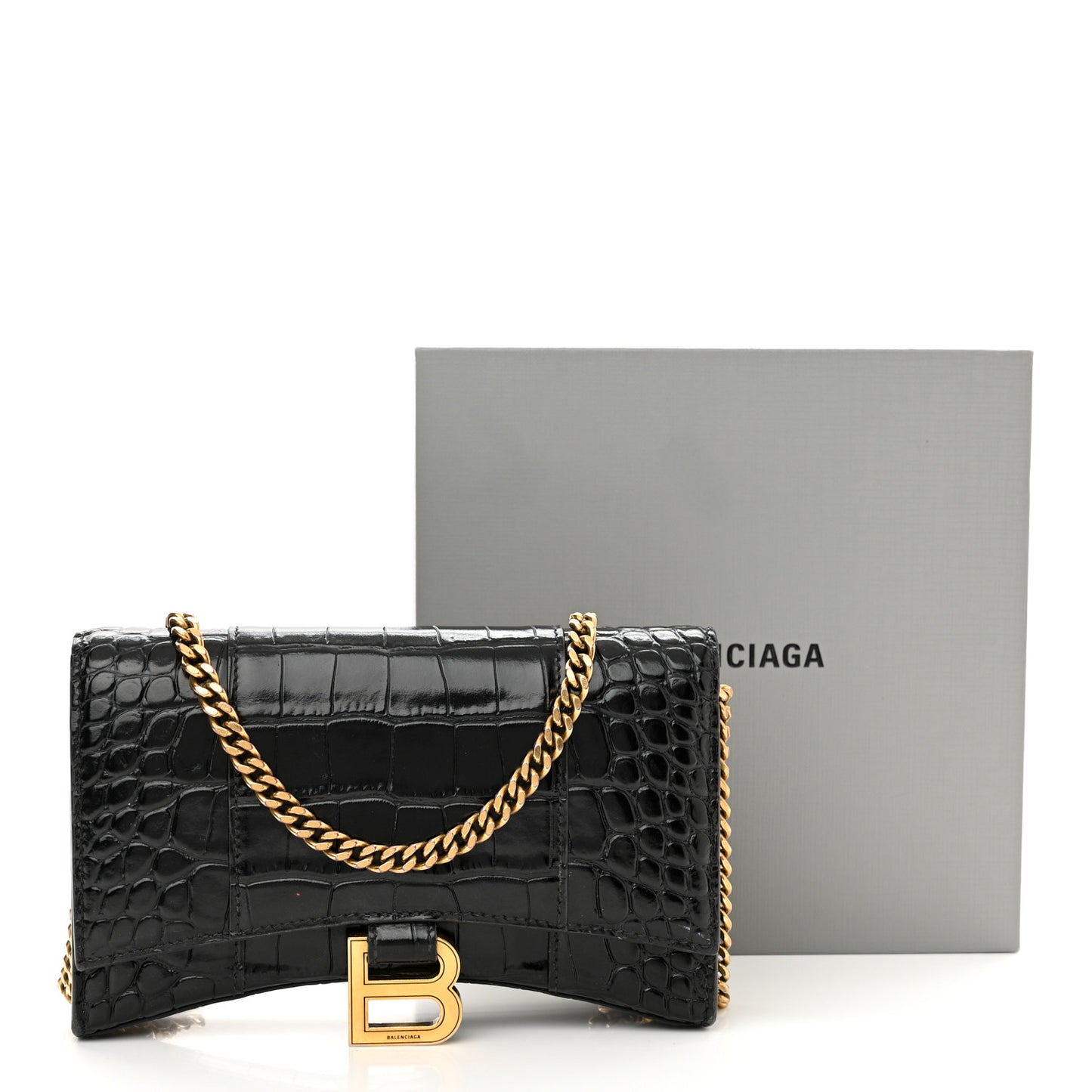 Shiny Calfskin Crocodile Embossed Hourglass Chain Bag Black