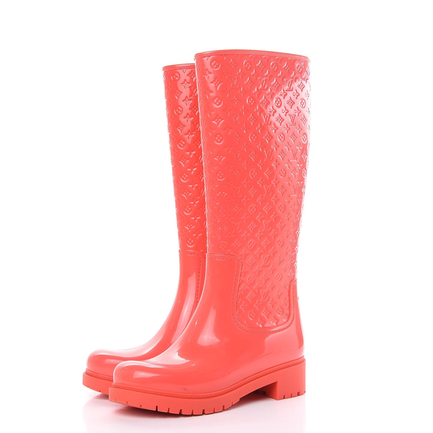 Rubber Embossed Monogram Splash Rain Boots 36 Coral