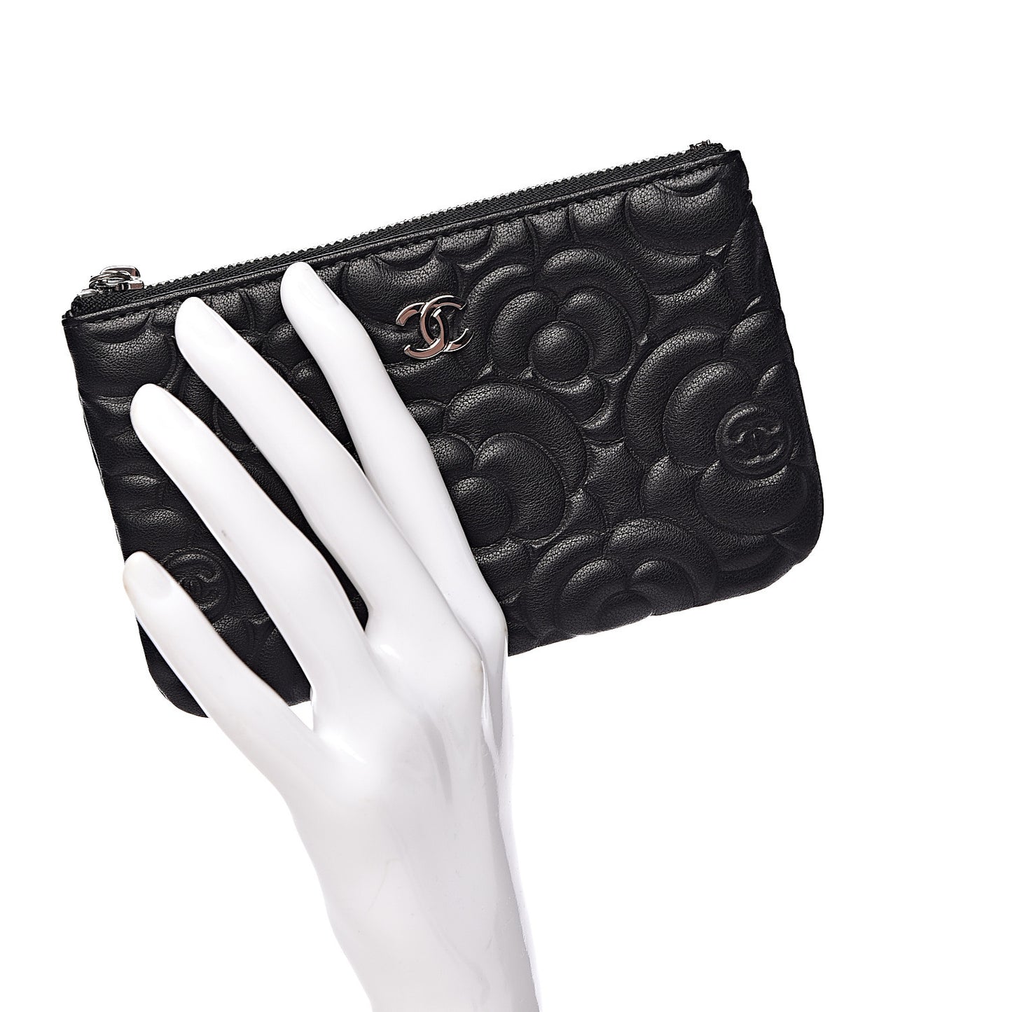 Goatskin Camellia Embossed Cosmetic Pouch Black