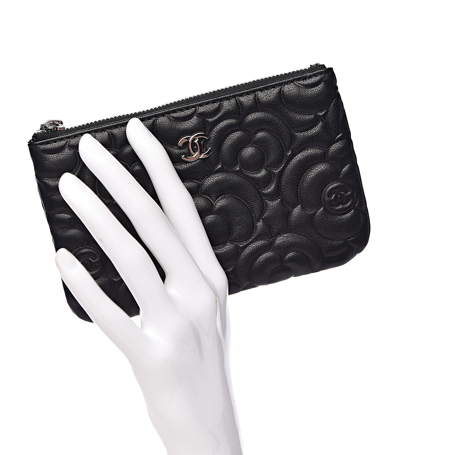 Chanel Goatskin Camellia Embossed Cosmetic Pouch Black 2 of 9