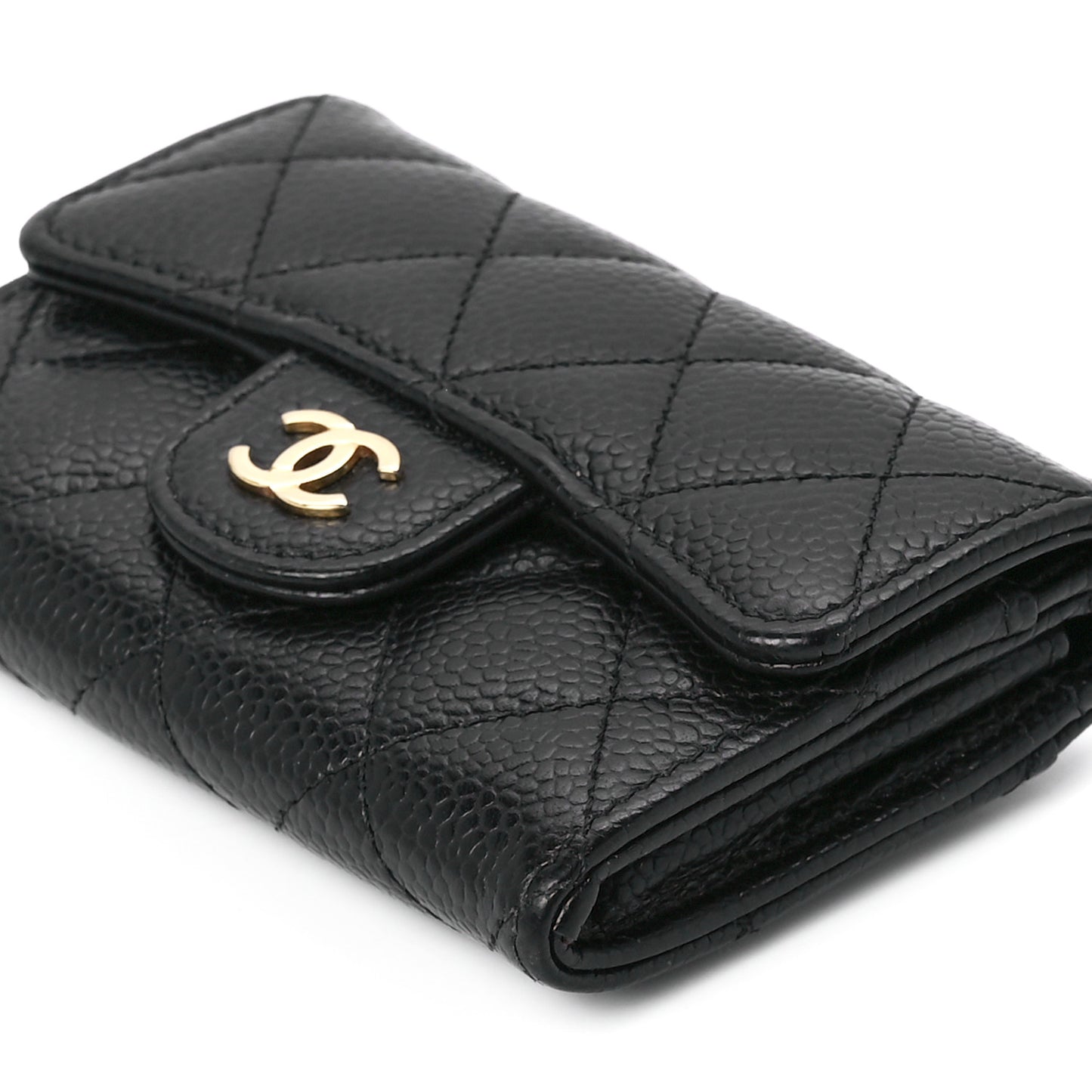 Caviar Quilted Flap Card Holder Wallet Black