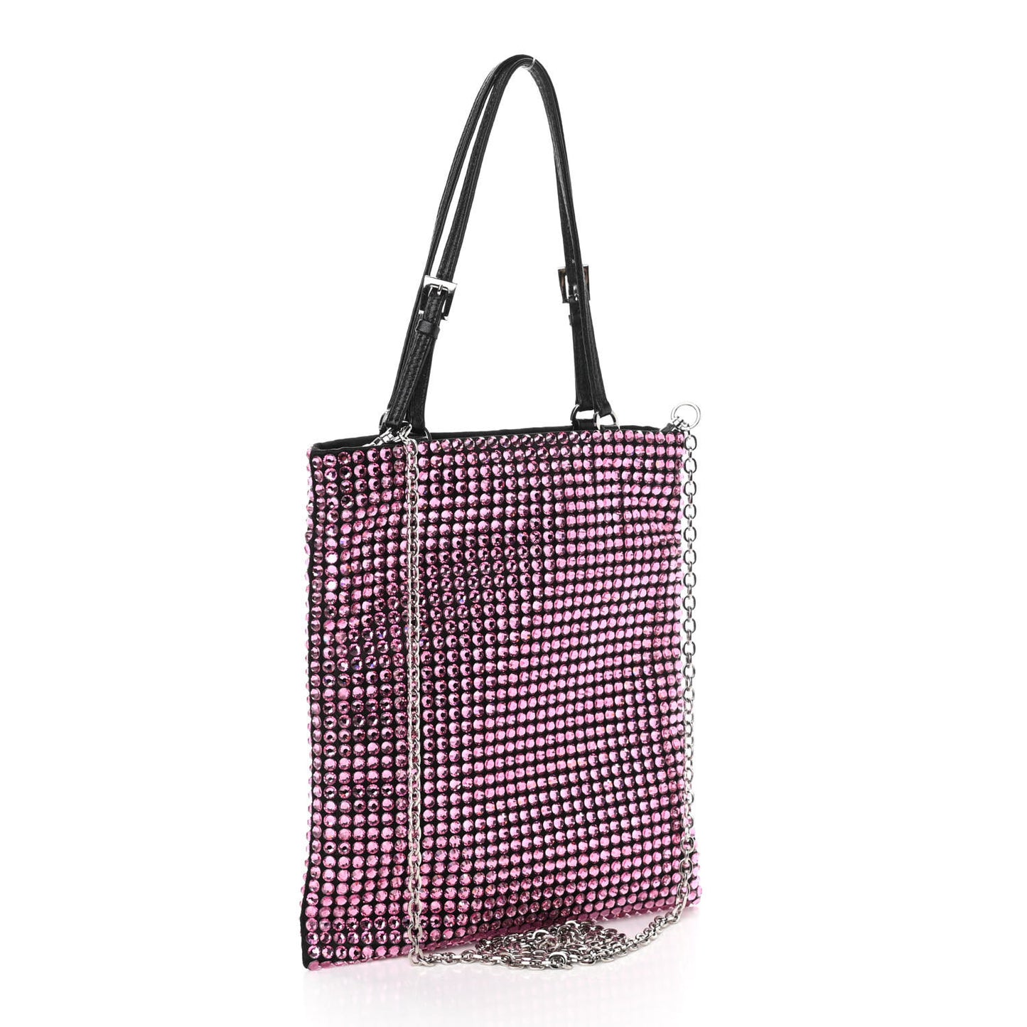 Satin Crystal Metal Triangle Logo Chain Crossbody Handbag Rosa