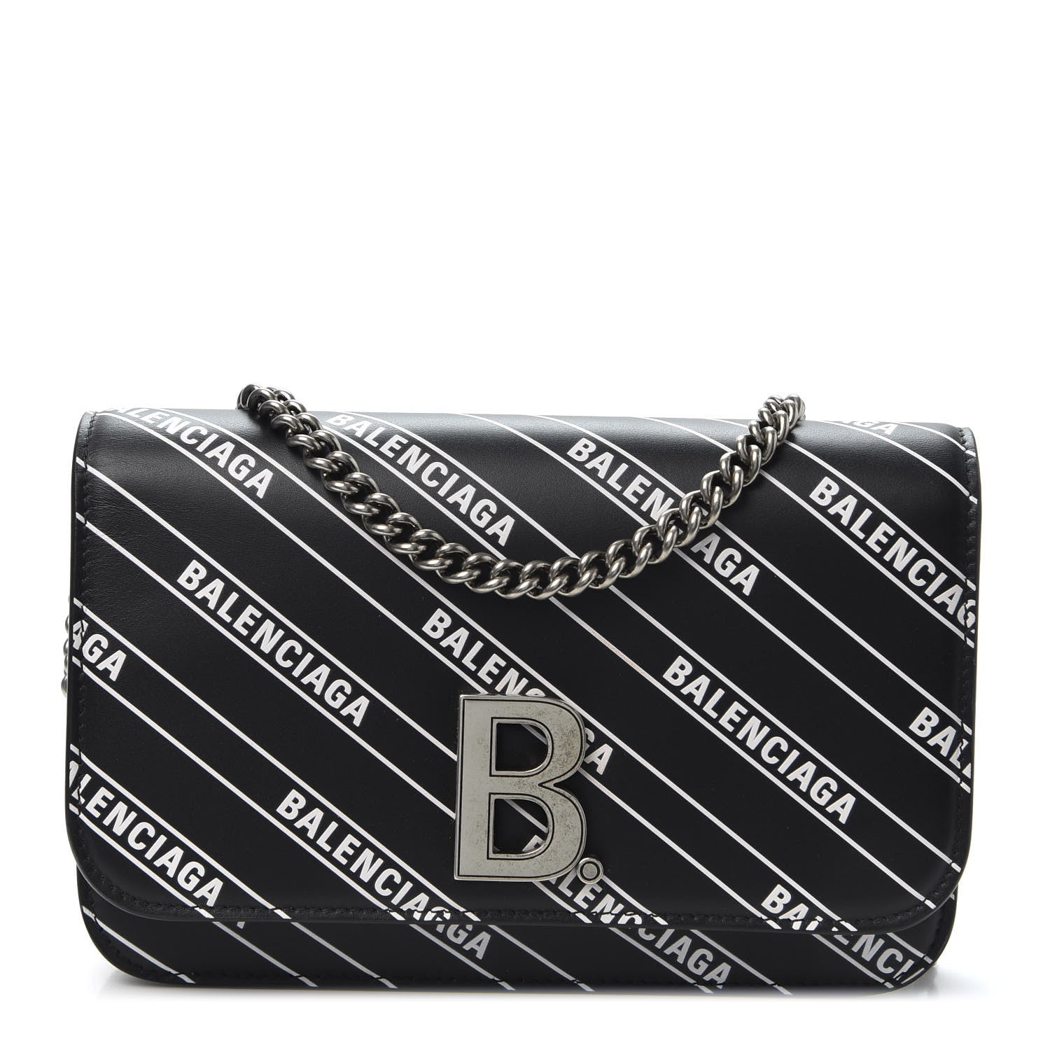Balenciaga Matte Calfskin Diagonal Allover Logo Print B Wallet on Chain Black White 1 of 8