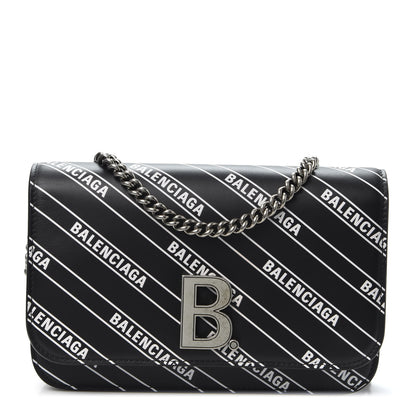 Balenciaga Matte Calfskin Diagonal Allover Logo Print B Wallet on Chain Black White 1 of 8