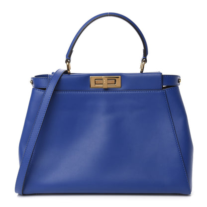Fendi Vitello Morgan Fabric Jacquard Pequin Medium Peekaboo Iconic Satchel Blue Neon Tobacco 1 of 11